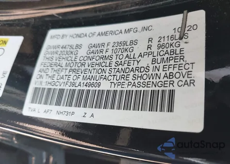 2020 Honda Accord Sport z USA, uszkodzony, nr VIN 1HGCV1F39LA149609